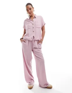 Pieces Tie Front Linen Shirt And Wide Leg Trousers Set In Pink