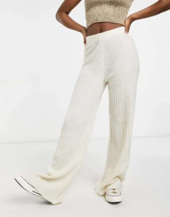 Pieces Ribbed Knit Trouser In Cream For Women