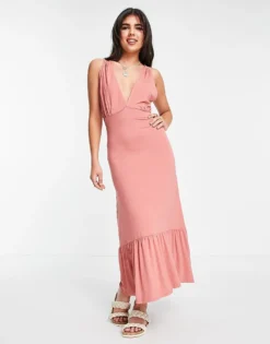Pieces Plunge Neck Tiered Maxi Dress In Pink For Women