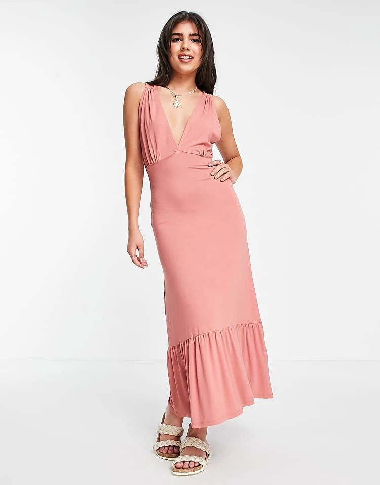 Pieces Plunge Neck Tiered Maxi Dress In Pink For Women