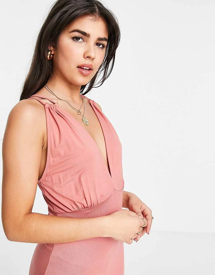 Pieces Plunge Neck Tiered Maxi Dress In Pink For Women - Image 2