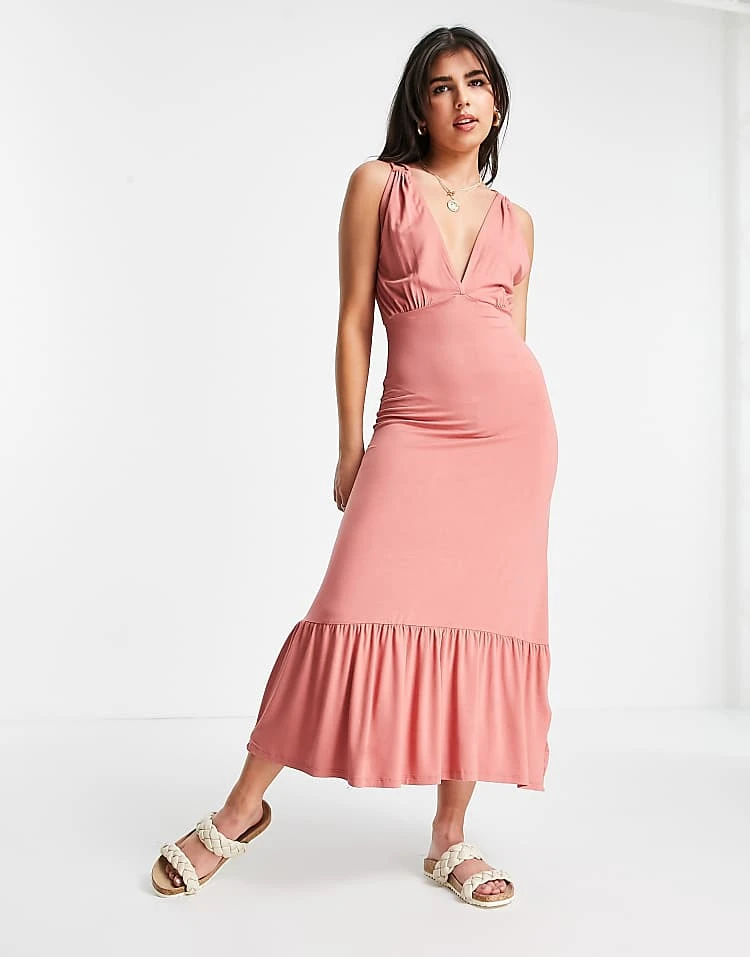 Pieces Plunge Neck Tiered Maxi Dress In Pink For Women - Image 3