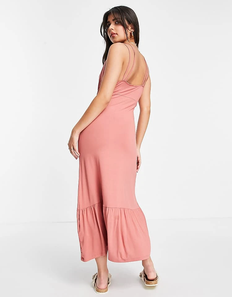 Pieces Plunge Neck Tiered Maxi Dress In Pink For Women - Image 4
